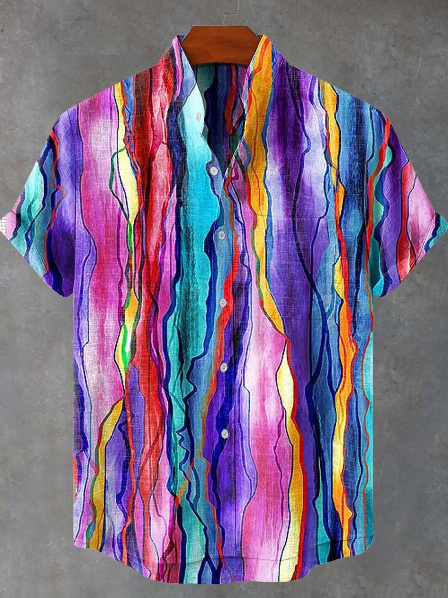 

New hot selling color ribbon striped printed pattern casual fashion linen short sleeved button men's shirt hot selling item