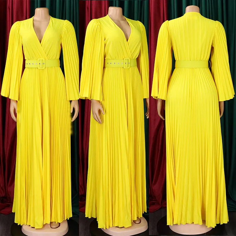 เซ็กซี่ Ruched A-Line Maxi ชุดผู้หญิง Elegant Night Party ชุดราตรีสามไตรมาสแขน V คอพรหมชุดยาว Vestidos กับเข็มขัด