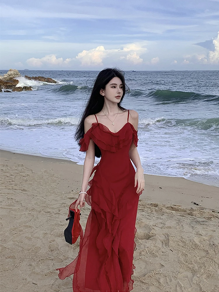 

Летнее шифоновое платье на подтяжках в пляжном стиле, красное платье на тонких бретельках с разрезом на шее, однотонные халаты, сексуальное элегантное платье с открытой спиной для женщин C158