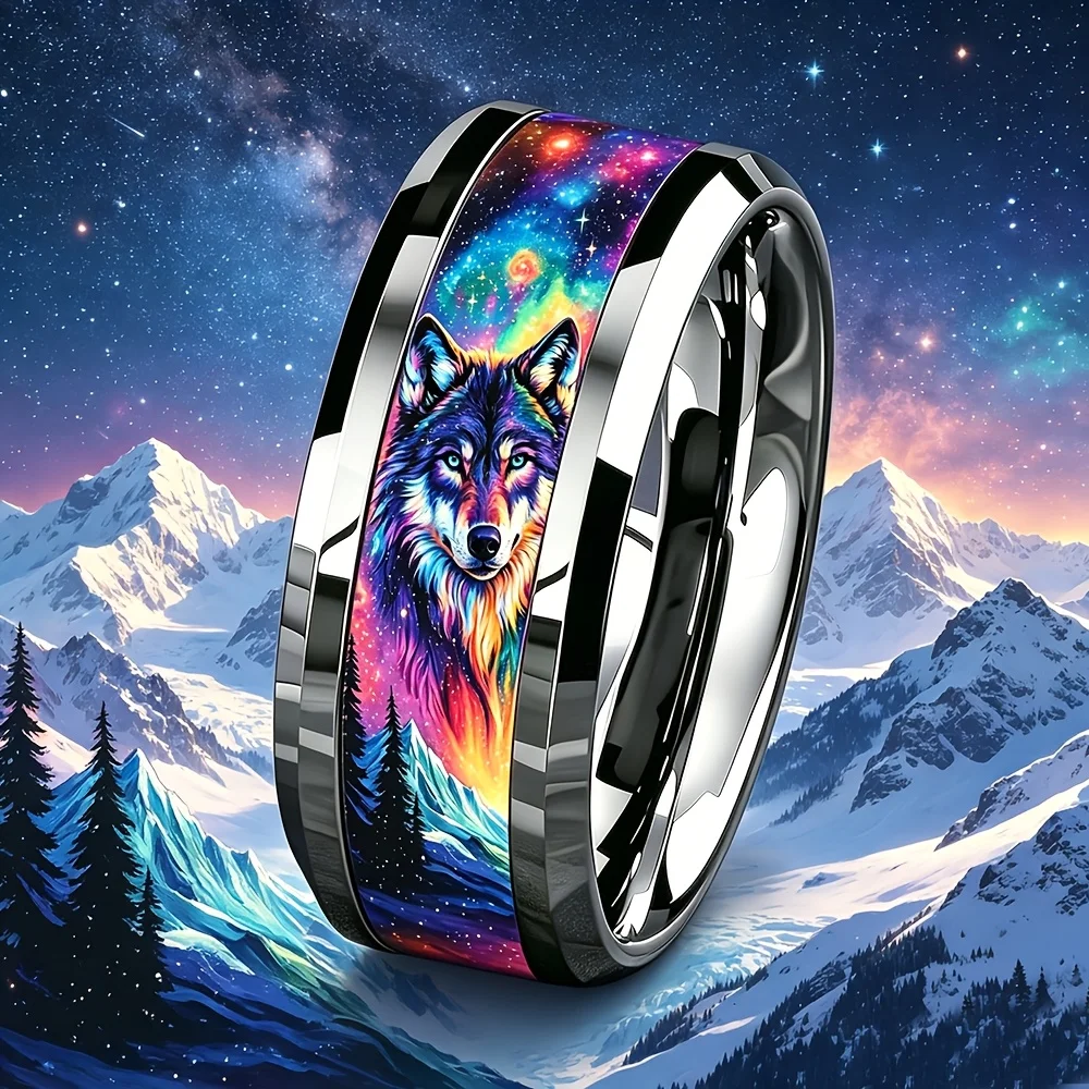 Vintage Wilderness Rainbow Wolf Galaxy Snow Mountain Ring Cool Stainless Steel Men Ring Animal Wolf Totem Wedding Band Jewelry