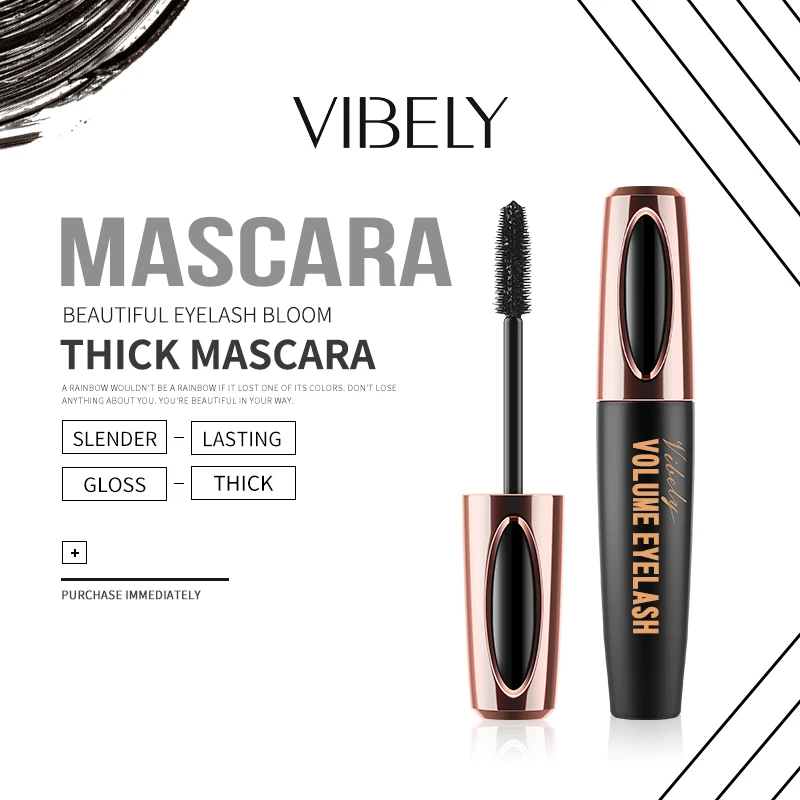 VIBELY-Mascara 4D pour les yeux, produit original, beauté, maquillage, noir, brillant