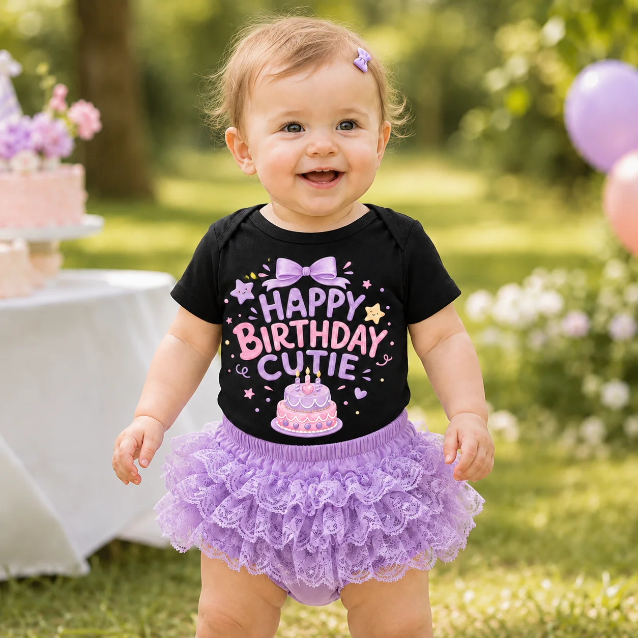 Vêtements d'anniversaire pour bébés filles, 2 pièces, combinaison noire imprimée + jupe tutu à volants en dentelle violette, tenue de photographie pour fête d'anniversaire de bébé
