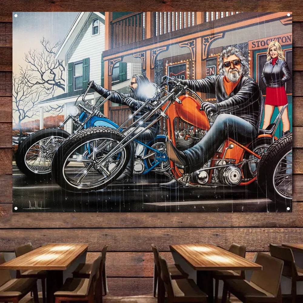 

Motorcycle Biker Painting Banner Wall Hanging Flag For Garage Retro Cafe Bar Motor Repair Shop Man Cave Wall Decor Poster