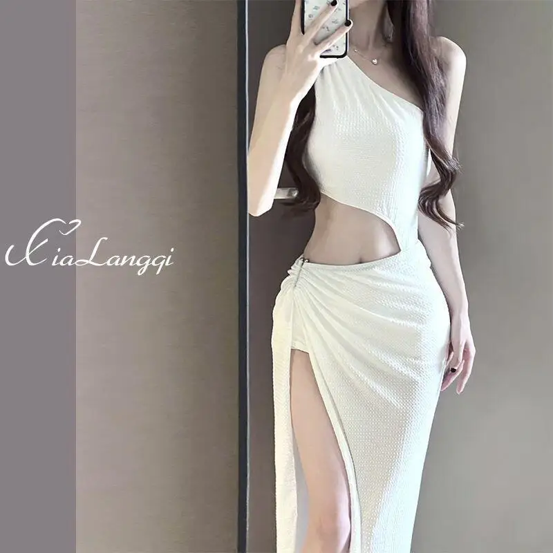 

2025 One-Piece Swimsuit Women French Asymmetrical Shoulder Cutout Waist Irregular Split Maxi Dress Beach Spa Vacation