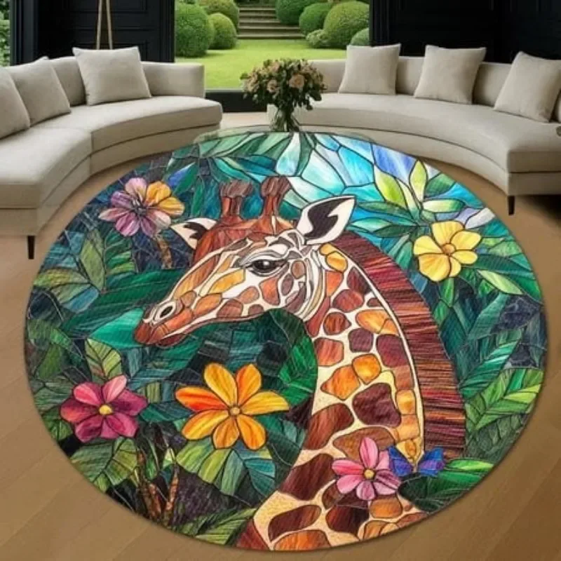 Giraffe Round Rug Stained Glass Mosaic Art Design Living Room Sofa Lounge Accent Circle Floor Carpet