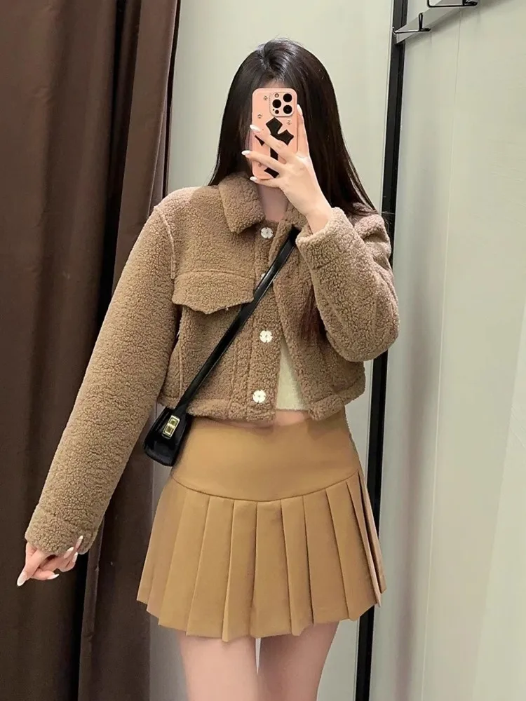 Korean style Women's Double Pocket Fleece Short Coat Autumn Winter New White Single-breasted Shirt Jacket Female