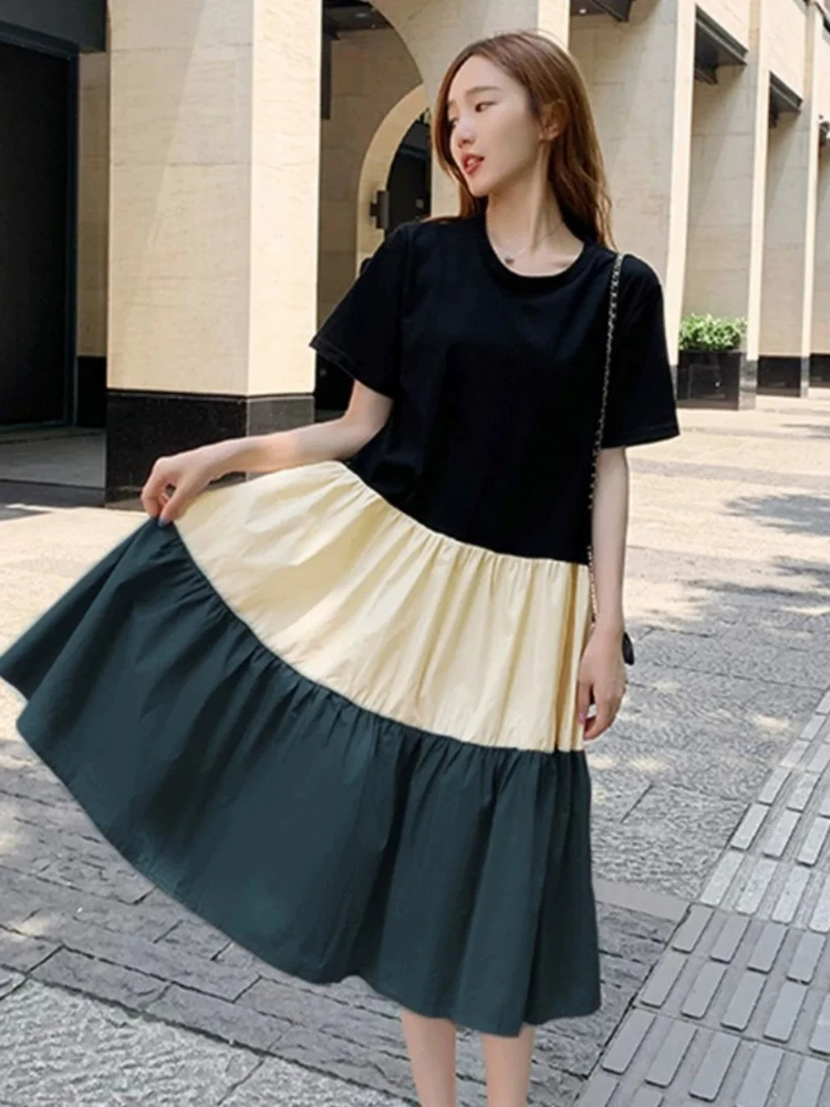 

Summer Korean Constrast Color Spliced Loose Women Dress Y2k Aesthetic All Match High Street Lazy Clothes Temperament Shirt Dress
