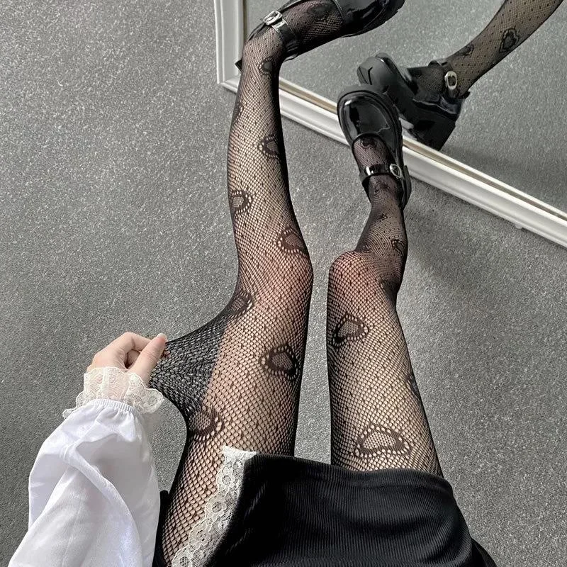 Herz-Blumen-Netzstrumpfhose im Lolita-Stil, Japanischer Stil Weiße Strumpfhose, Atmungsaktive Sommer-Leggings für Damen