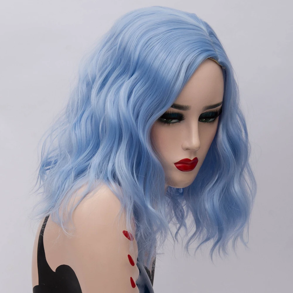 باروكة نسائية قصيرة مموجة باللون الأزرق في الجزء الأوسط مقاومة للحرارة للحفلات التنكرية والحفلات اليومية #5