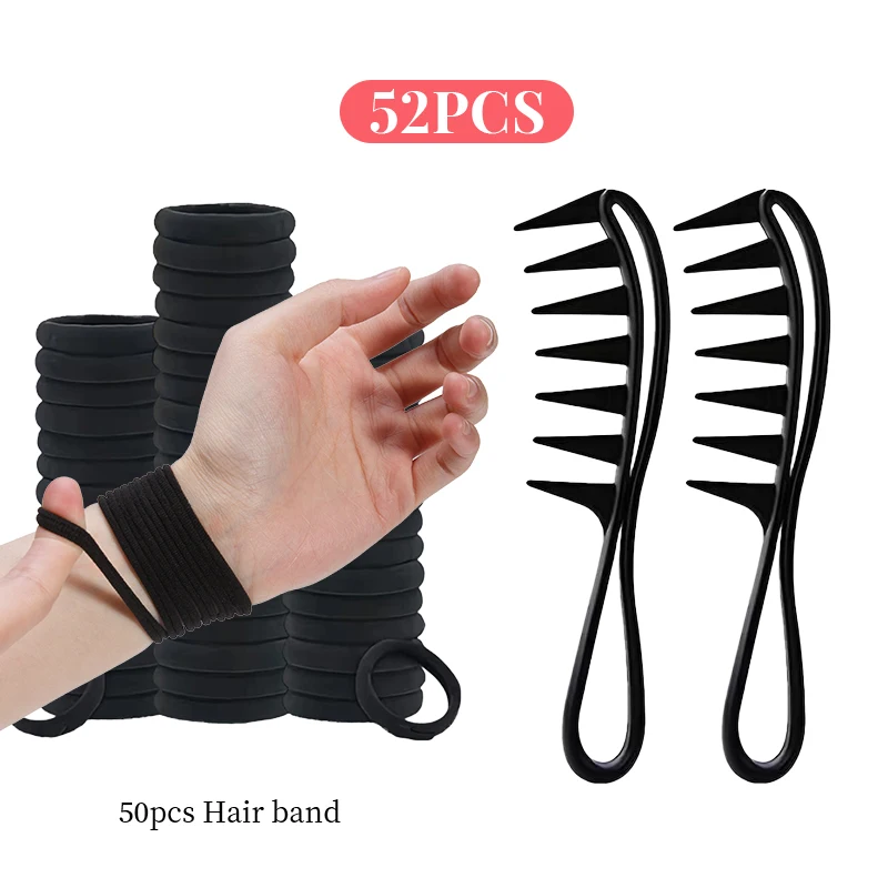50/52/53Pcs Hair Comb Set Including 50Pcs Elastic Hair Bands & Wide Tooth Comb for Wet Curly Wavy Thick Long Hair and Wigs
