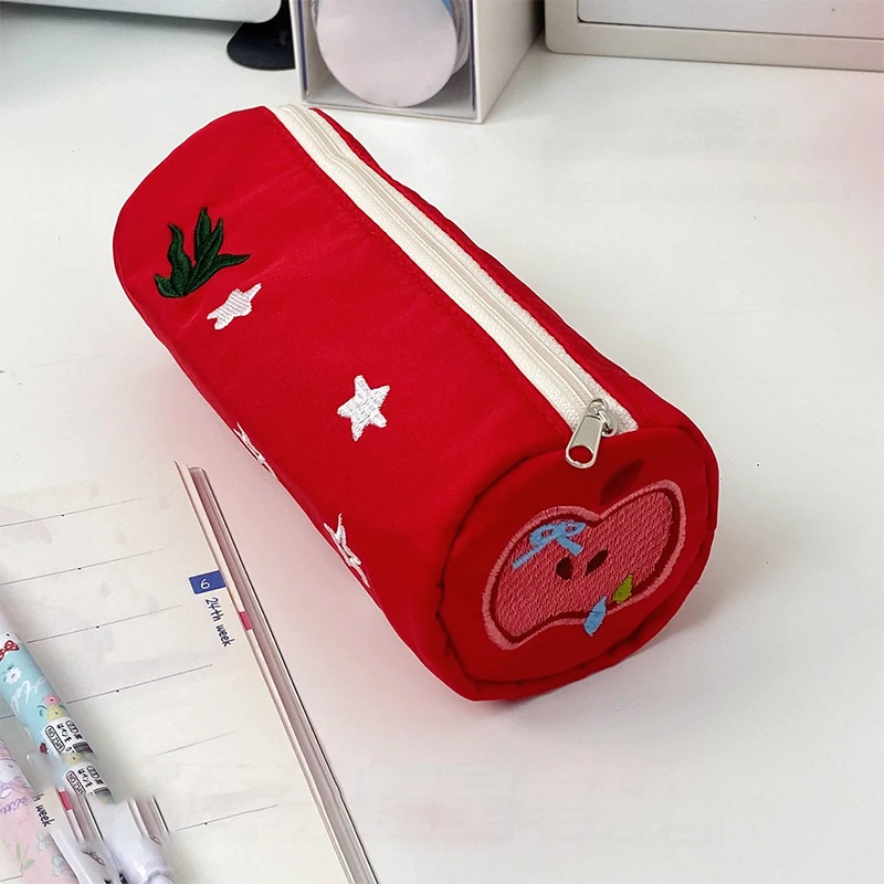 Red Embroidered Pencil Case Cartoon Portable Cosmetic Bag Pencil Bag Storage Bag Stationery Pouch Student Gifts