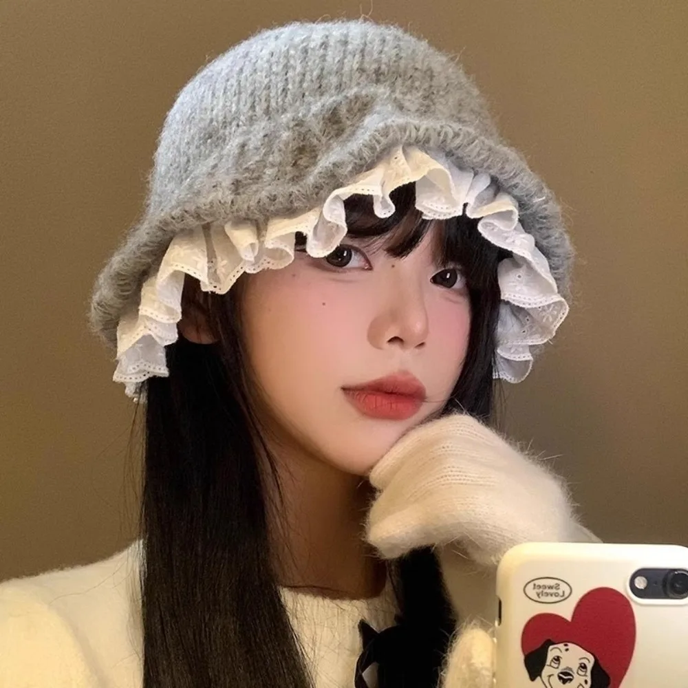 

New Windproof Bucket Hat Warm Coldproof Knitted Hat Lace Trim Fisherman Hat Outdoor Sports