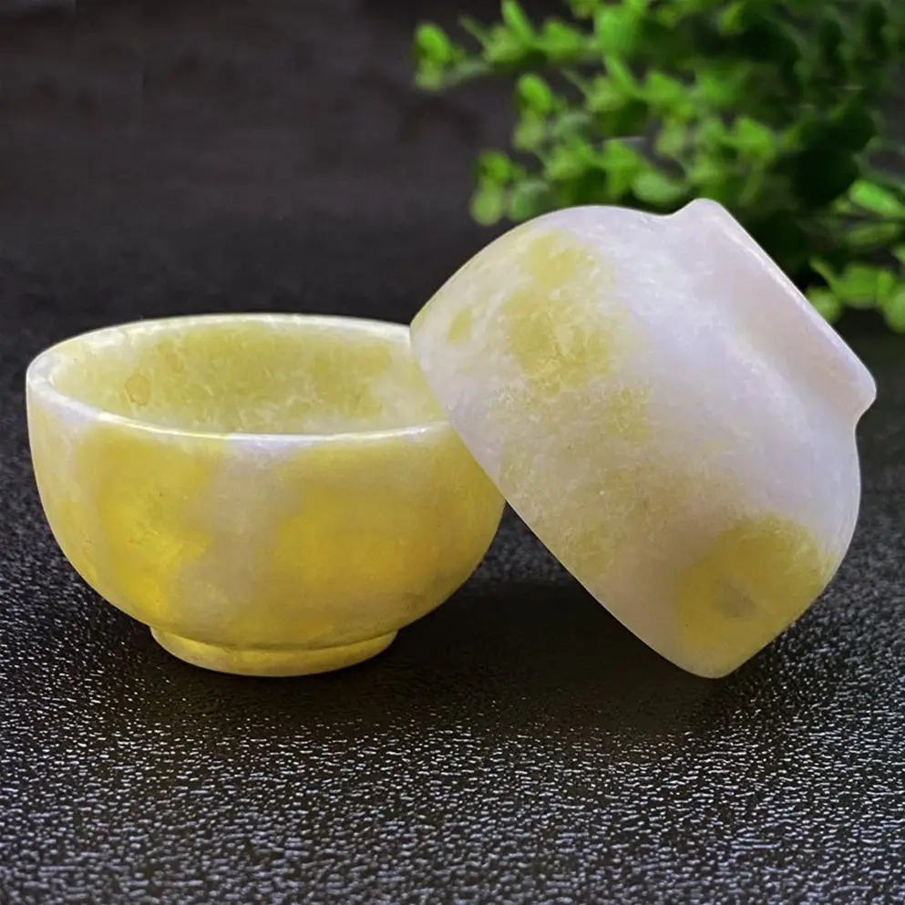 Natural Stone Greenh Yellow Jade Crystal Bowl Tableware Wine Set Minerals Spiritual Living Tea Cup Office Room Home Decoration