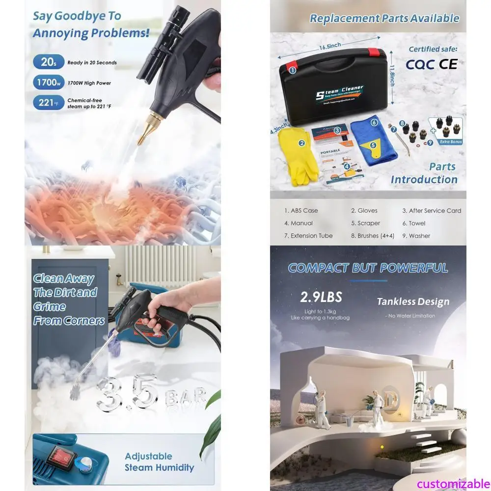 

Portable 1700W Handheld Steam Cleaner for Grout and Tile, Compact Pressure Steam Washer for Cars and Home Use