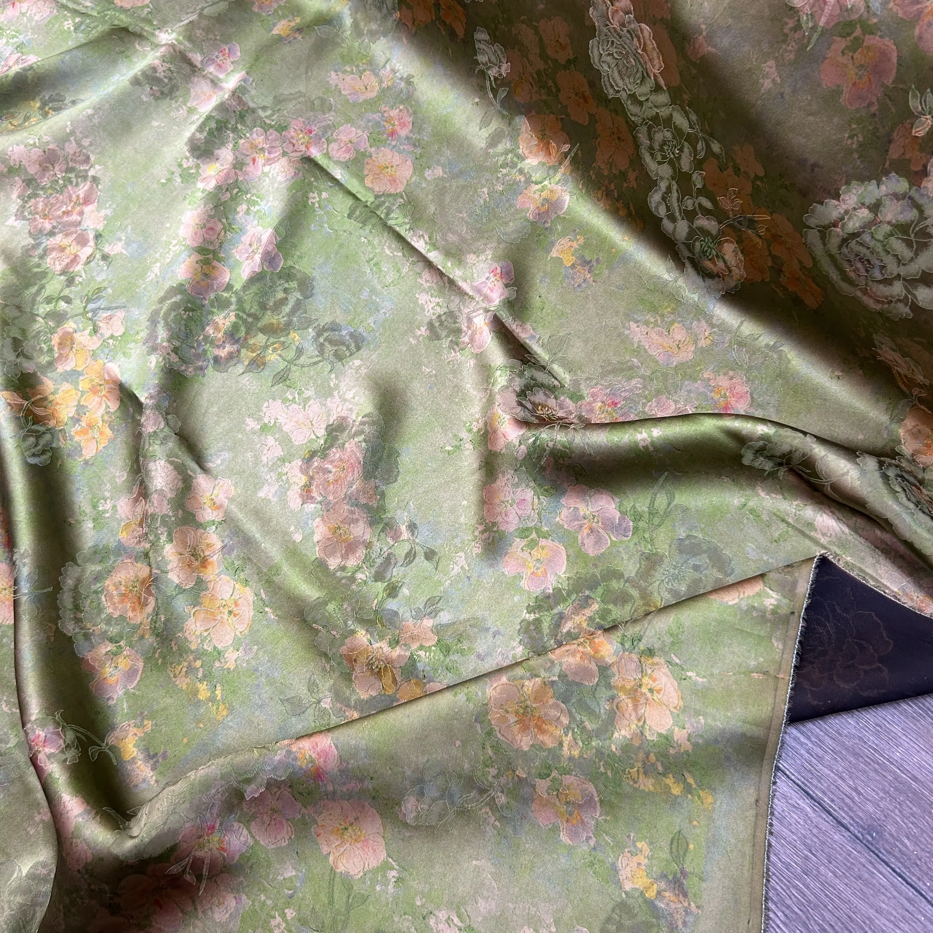Silk Soteil Fragrant Cloud Yarn Fabric Silk Green Base Pink Peony Cheongsam Vest Coat Dress Cloth