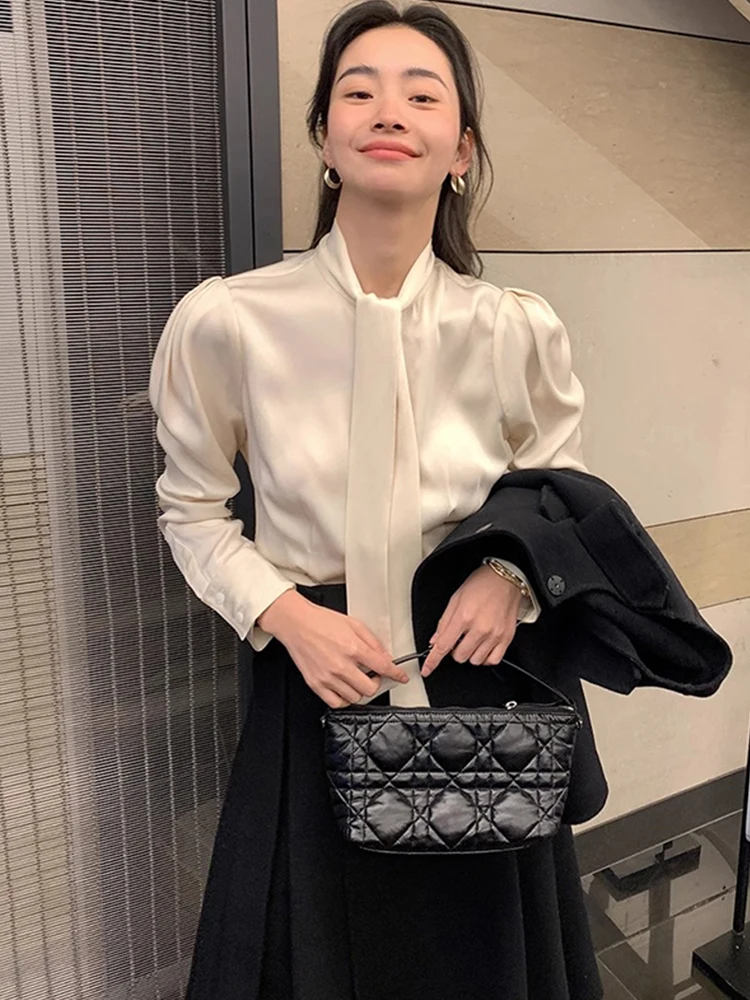 

Ele Casual Long Sve Silk irt with Sa Faionable Commute Friendly Women's Top Korean Sle Office Wear