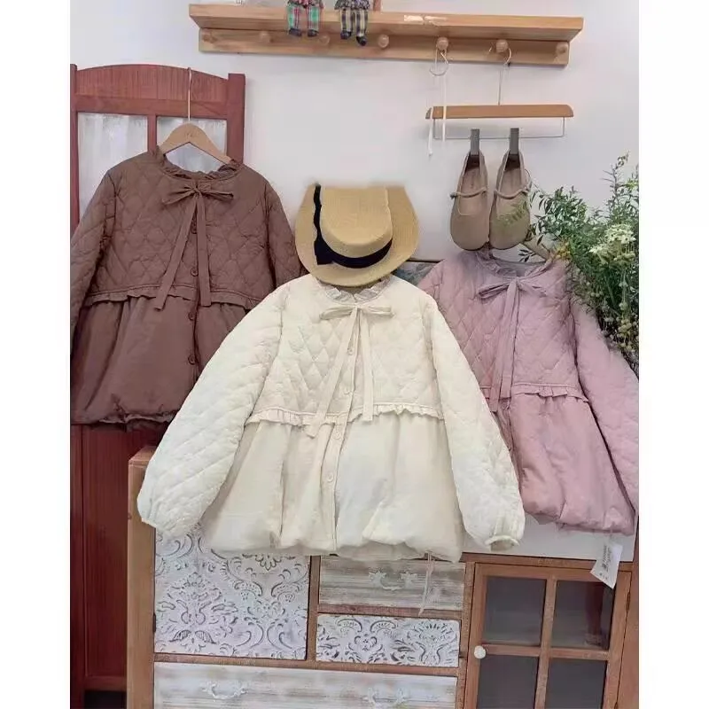 Winter Koreanische Mode Süße Rüschen Quilten Hoodie Mantel Harajuku Frauen Casual Mori Mädchen Kawaii Nette Lolita Rokoko Mantel Parkas
