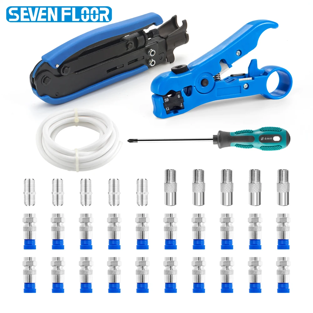 Coax Cable Crimper Kit Coaxial Cable RG6 Compression Tool Kit with 20PCS F RG6 Connectors, Wire Coax Cable Stripper Tool