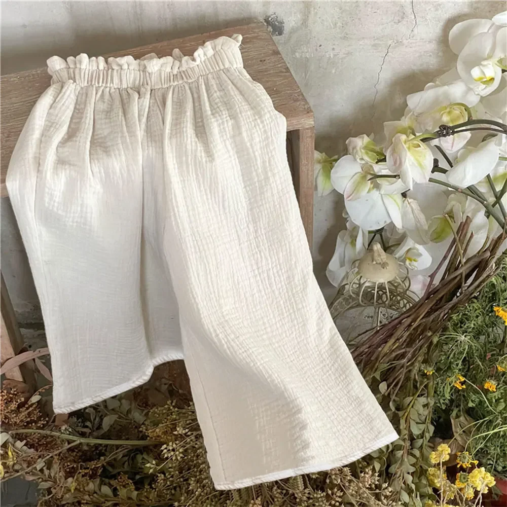 Children Clothing Set Korean Girls Summer Cotton Tie Tank Sling Smocked Top Wide Leg Pants Trousers Outfits Kids Clothes Sets