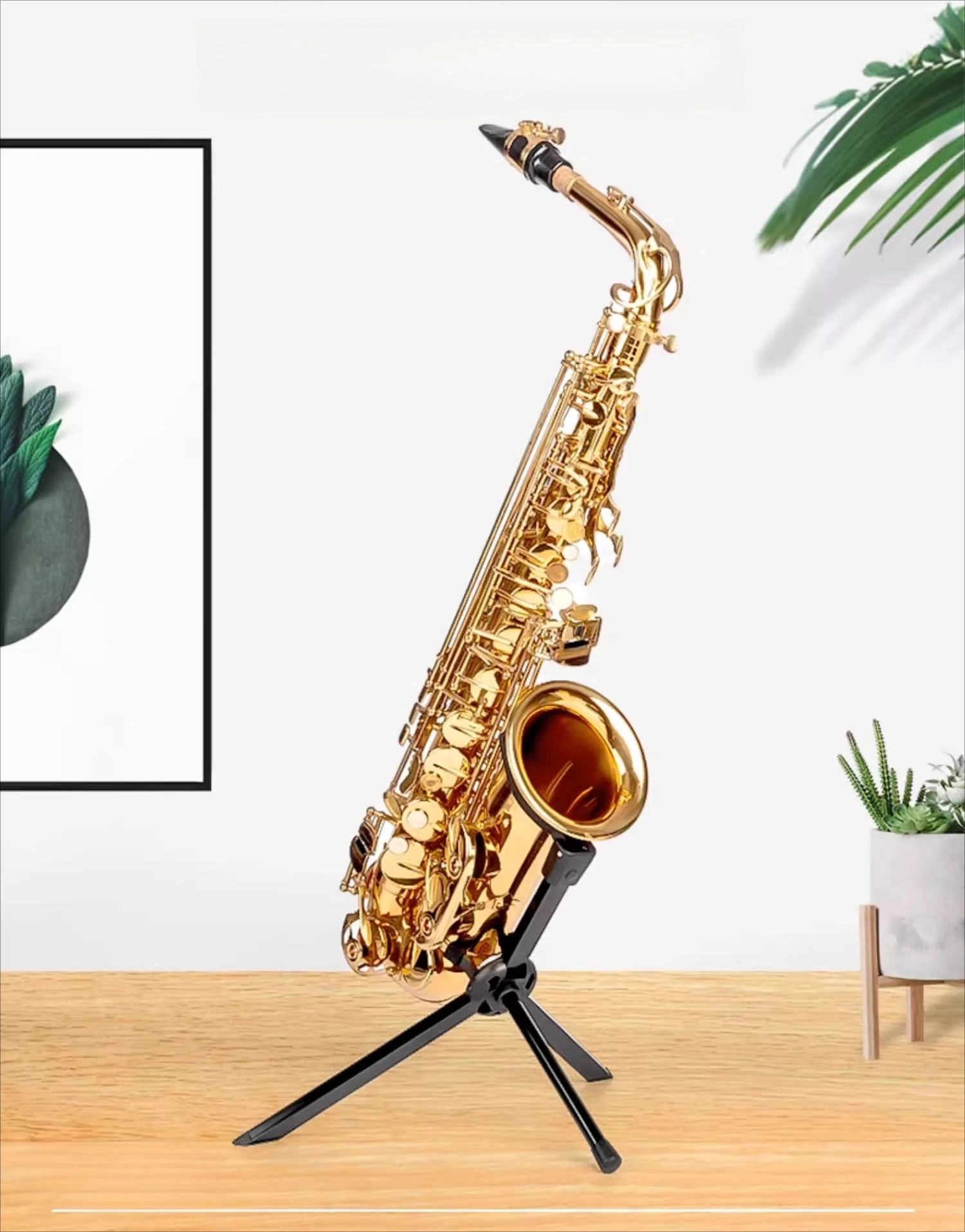 Saxophone stand for alto, baritone, and sopranino saxophones, foldable and portable