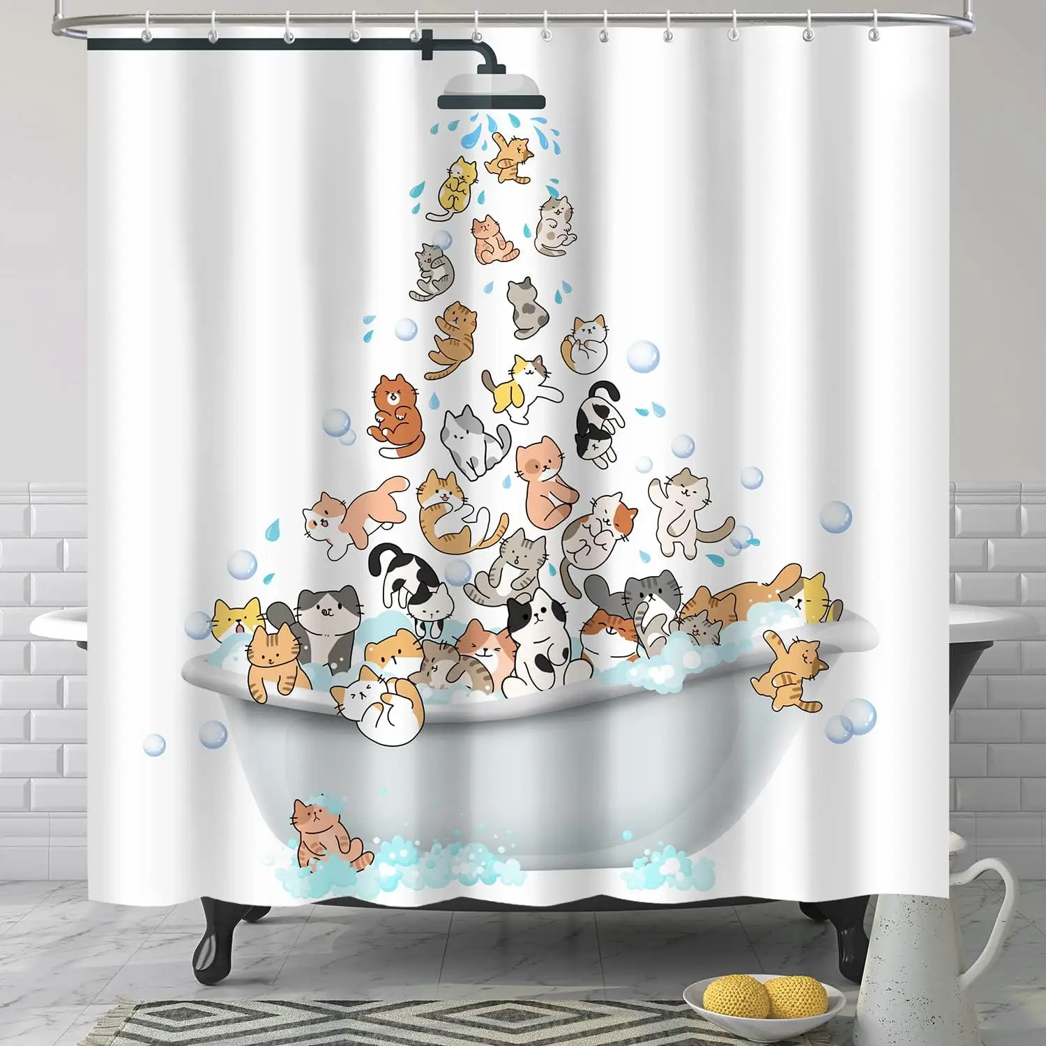 

Cartoon Cats in Bathtub Shower Curtain with Shower Head and Bubbles Cute Animal Print for Kids Bathroom