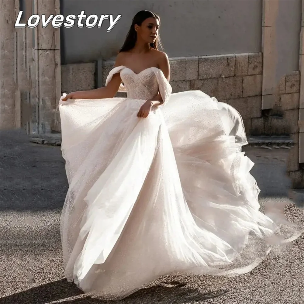 

Gorgeous A-Line Wedding Dresses Off Shoulder Bride Robe Sweetheart Appliques Bridal Gowns Sexy Backless Shiny Vestidos De Noiva