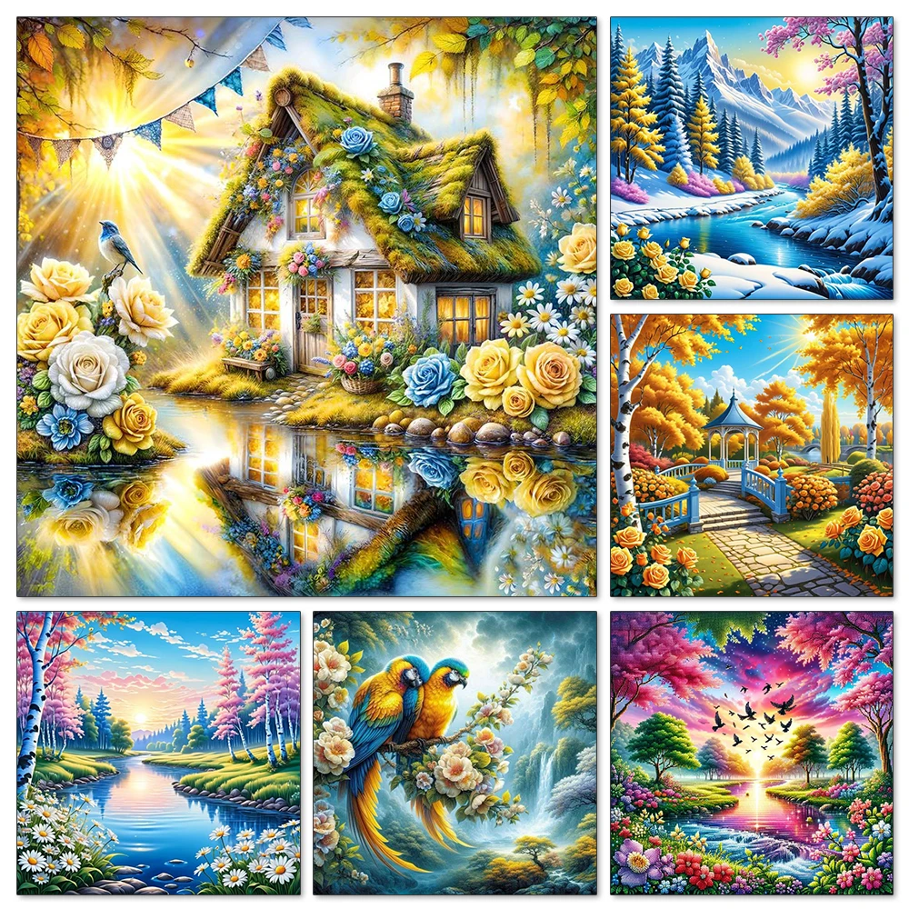 

Rural Scenery Diamond Painting Sunset Landscape Full Round/Square Mosaic River DIY Embroidery Tree Handmade Cross Stitch Kit
