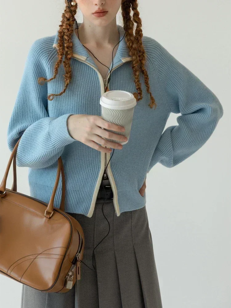

Women's Retro Lapel Zipper Cardigan Green Knitted Long Sleeve Sweater Jacket Fashion Blue Top for Autumn/Winter 2025