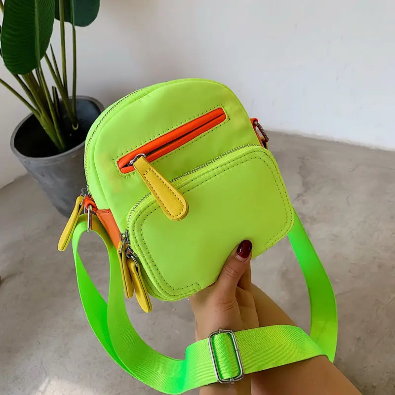 

Summer Candy Color Nylon Crossbody Bag 2026 Women Fashion Messenger Bag Contrasting Colors 3 Pockets Adjustable Shoulder Strap