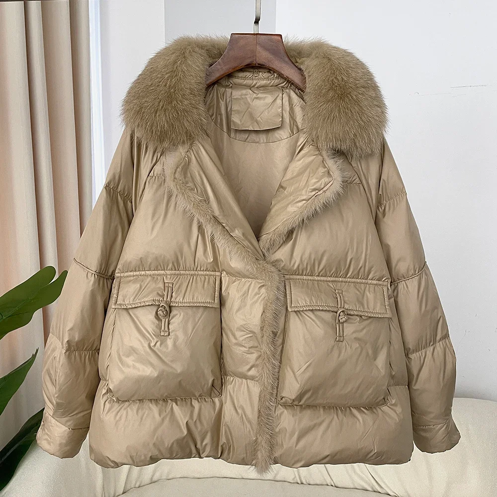 Fur Real Autumn Winter Fashion Fox Fur Collar  White Duck Down Thickened Warm Women Korean Style Loose Casual Down Jacket