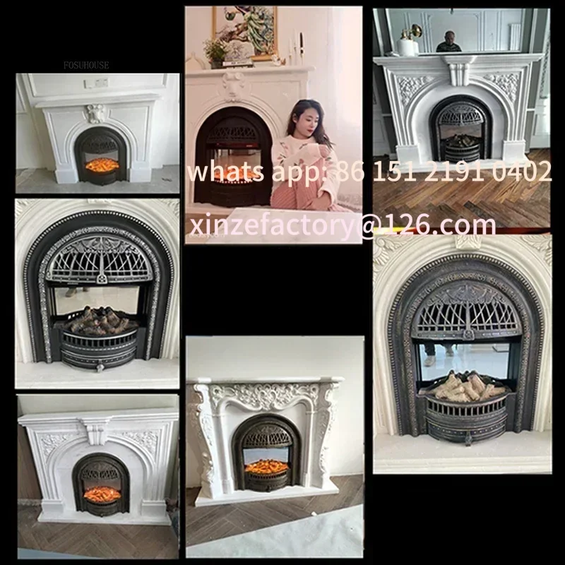 رف نار مقلد منحوت باللون الأسود العتيق قابل للتخصيص، مدفأة زخرفية لجو دخول الفيلا