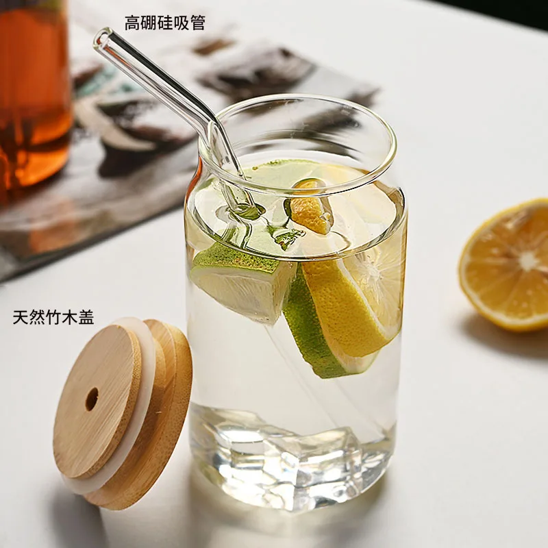 1 Pcs High Borosilicate Glass Juice Water Cup Bamboo Wooden Lid Straw Glass Wooden Lid Amazon Straw Cola Cup Drinking Cup Gift