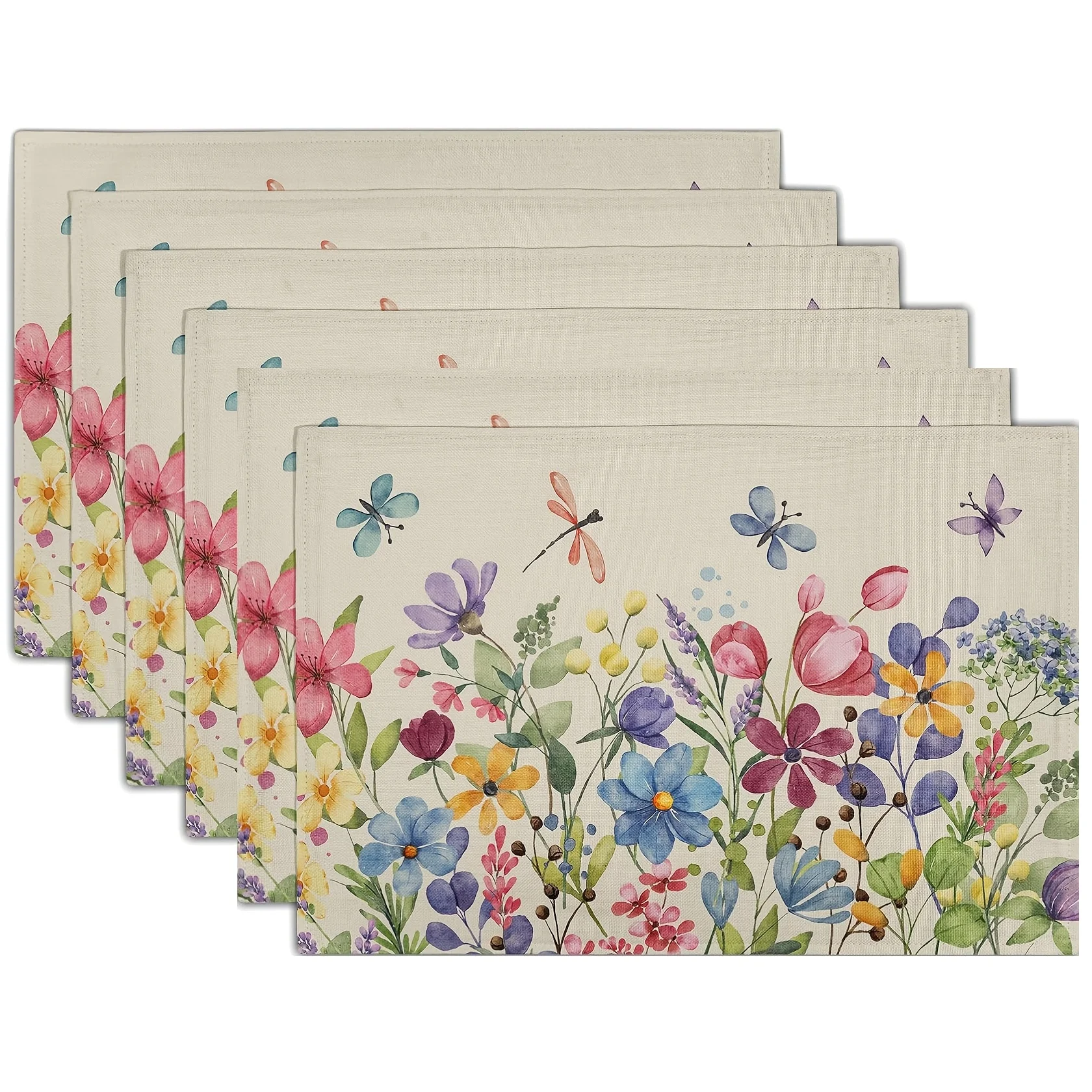 4/6pcs Spring Floral Placemats 12 X 18 Inch Watercolor Colorful Flower Butterfly Vintage Rustic Table Mats Summer Seasonal Holiday Place Mats for Dining Kitchen Home Party Decor
