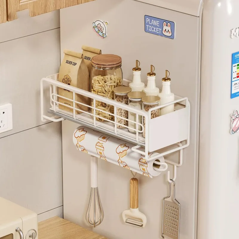 Magnetic pull-out refrigerator rack, multi-functional layered seasoning rack, narrow non-punching storage rack behind the door