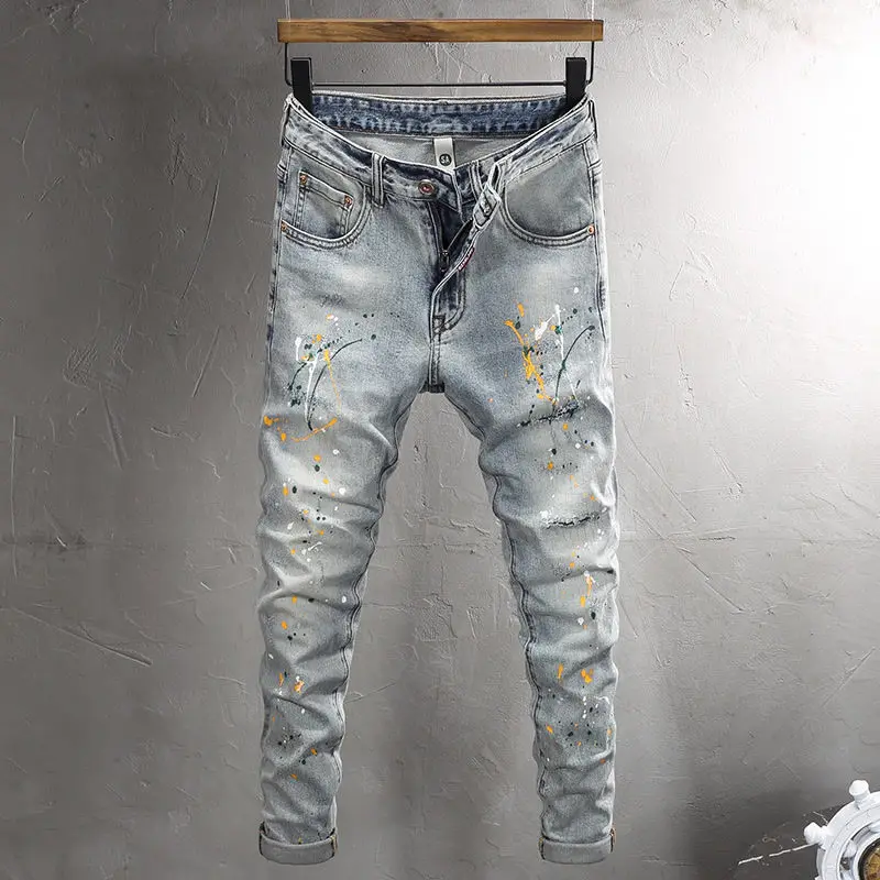 Calça lápis masculina casual primavera outono retalhos lavado hiphop angustiado fino designer roupas de luxo jato de tinta namorado jeans