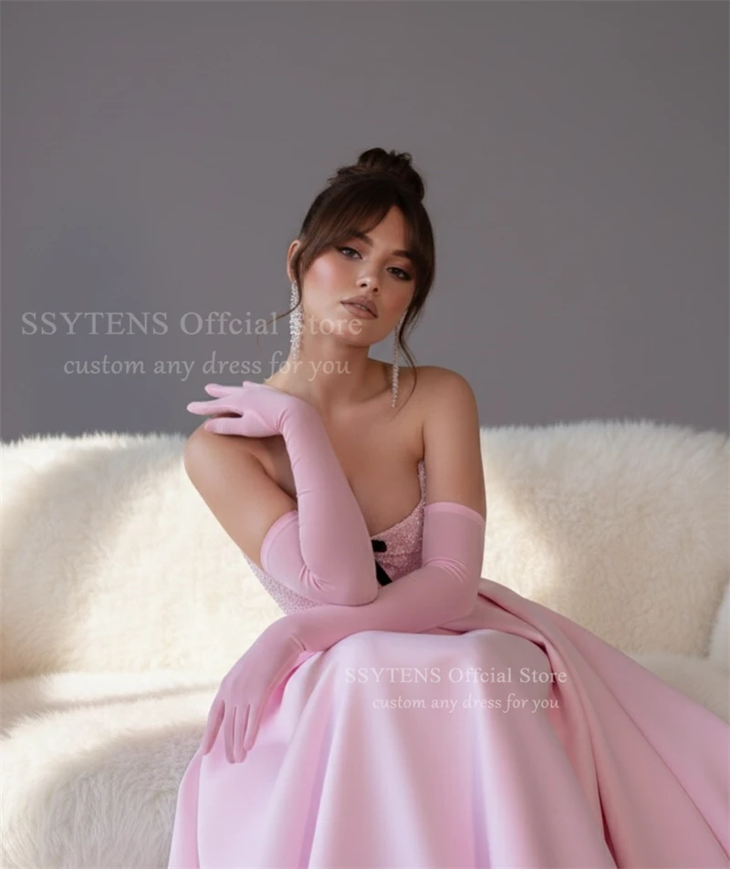 SSYTENS Abiti da sera rosa Elegante senza spalline A Line Abito da ballo da sposa Perline Abiti da festa da ballo in seta pieghettati a mano personalizzati