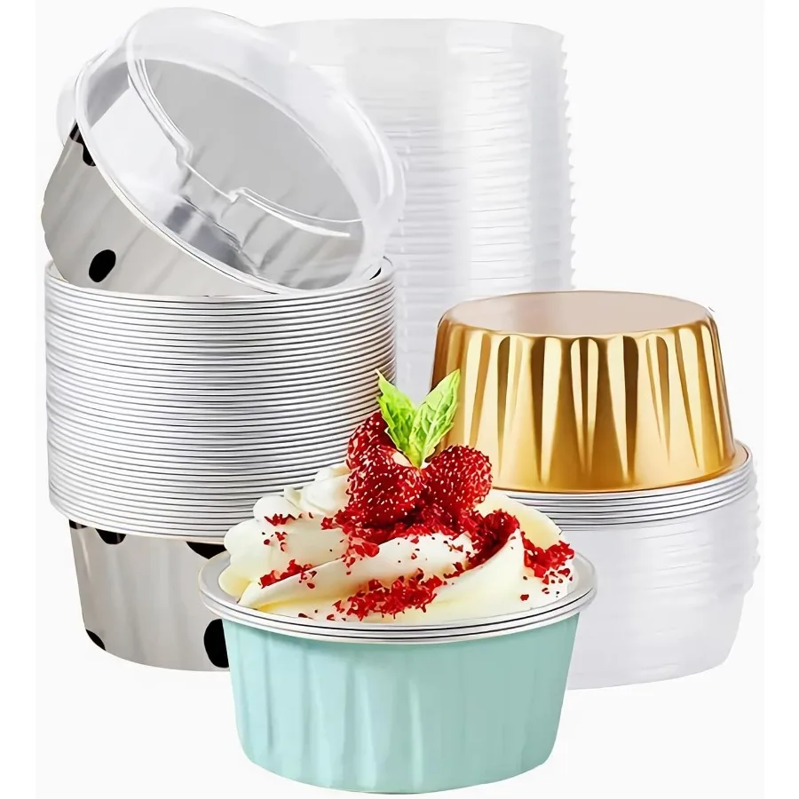 

50PCS Mixed color Disposable Ramekins with lids5oz Mini Aluminium Foil Baking Cups Creme Brulee Cupcake Liners Desert Cheesecak