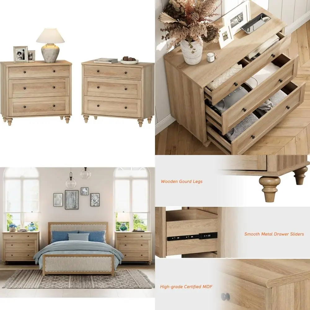 

Two-Piece Large 3-Drawer Wood Nightstand Set, Bedside Table with Ample Storage, Wide End Table for Sofa Side