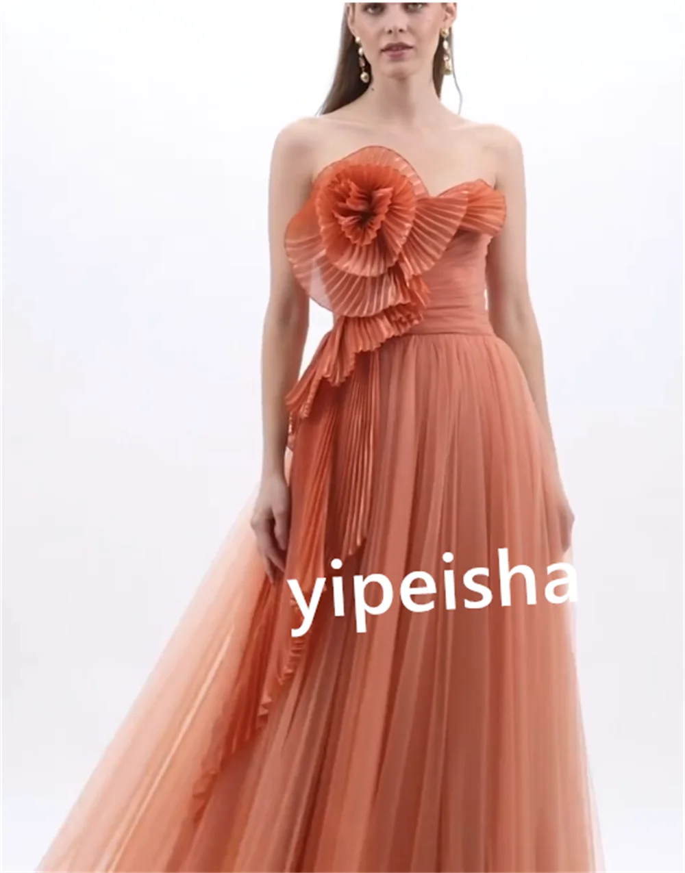 Matching Tulle Flower Pleat A-line Strapless Midi Dresses Homecoming Dresses Pastrol Modern Style Exquisite Classic Simple