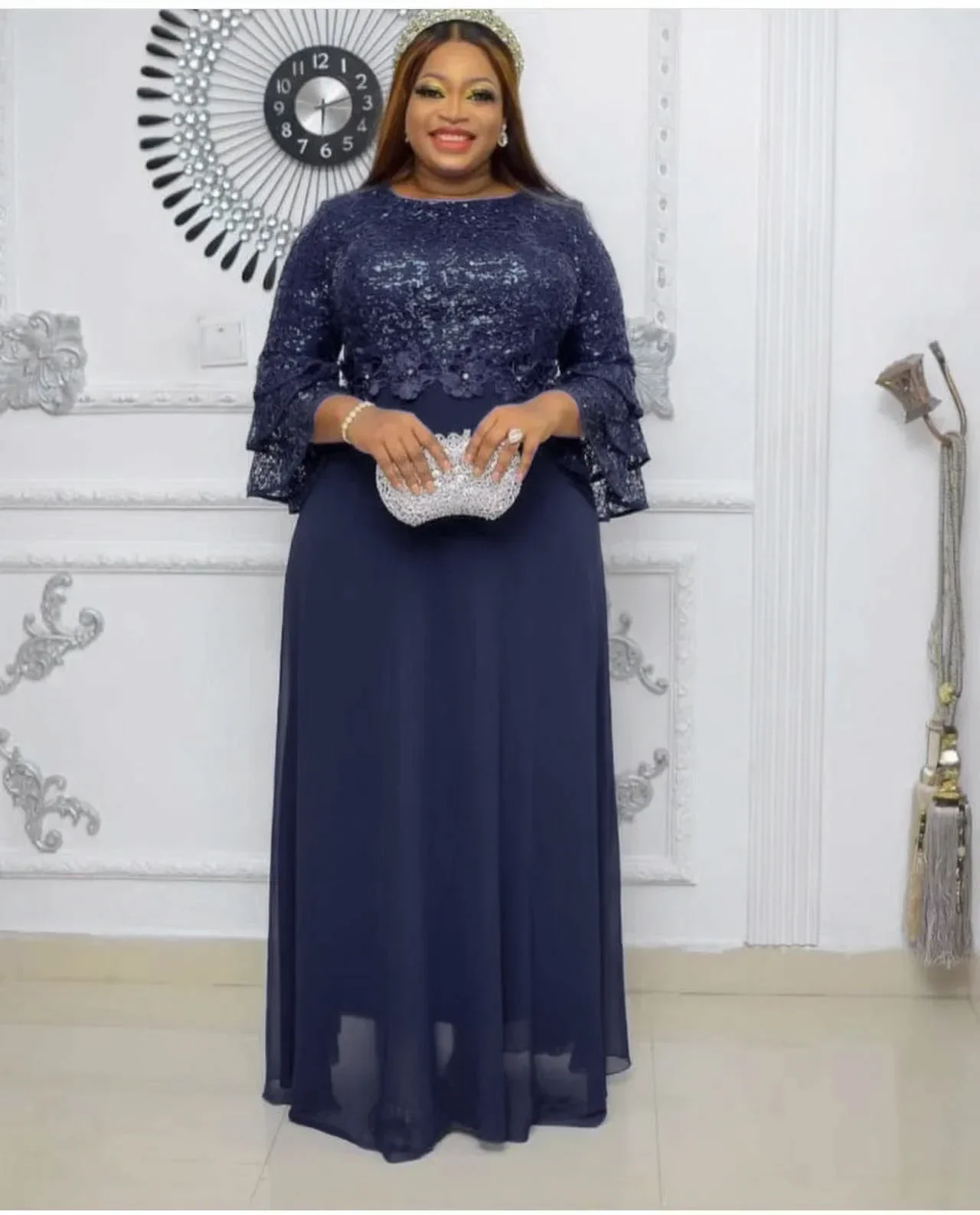 L-3XL African Dresses for Women Spring Autumn African Women Three Quarter Sleeve Polyester Solid Color Long Dress Maxi Dress