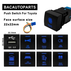 Interruptor de botón Led azul de 12V y barra de luz Led USB de 22x22mm para Toyota Prado 150 Series Camry Hiace Corolla RAV4 LandCruiser