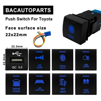 Interrupteur à bouton-poussoir Led bleu 12V et barre lumineuse Led USB 22x22mm pour Toyota Prado série 150 Camry Hiace Corolla RAV4 LandCruiser
