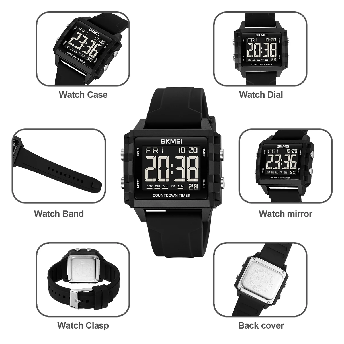 SKMEI Youth Cool relojes deportivos digitales para hombres y mujeres, Reloj de pulsera de cuenta regresiva, resistente al agua, 5Bar