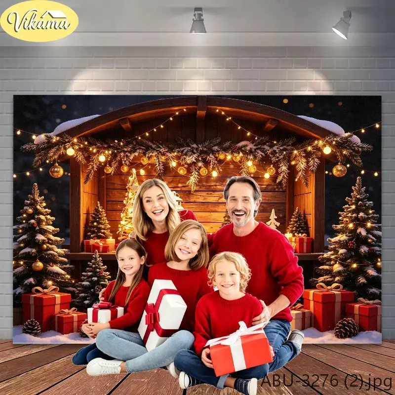 VIKAMA Photography Background Christmas Wooden House Family Scene Photo Backdrop Family Party Birthday Festival Home Decor