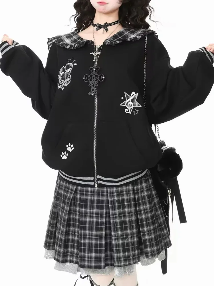 Harajuku Plaid Sailor Collar Patchwork Long Sleeve Zipper Sweatshirt Women Clothes Sweet Y2K Subculture Gyaru Cutecore Outerwear