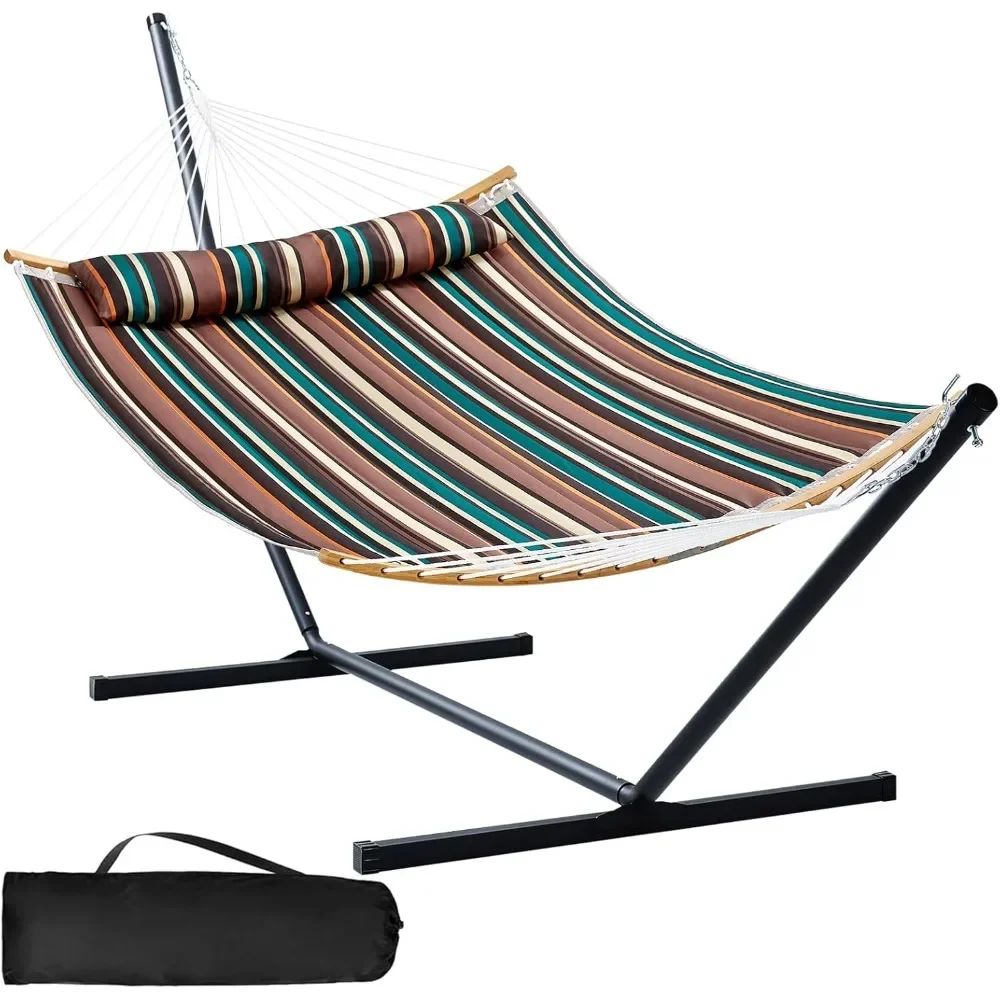 

Double Hammock with Stand Heavy Duty, 480 LB Capacity Two Person Portable Hammock with Pillow, Curved-Bar, Portable Storage