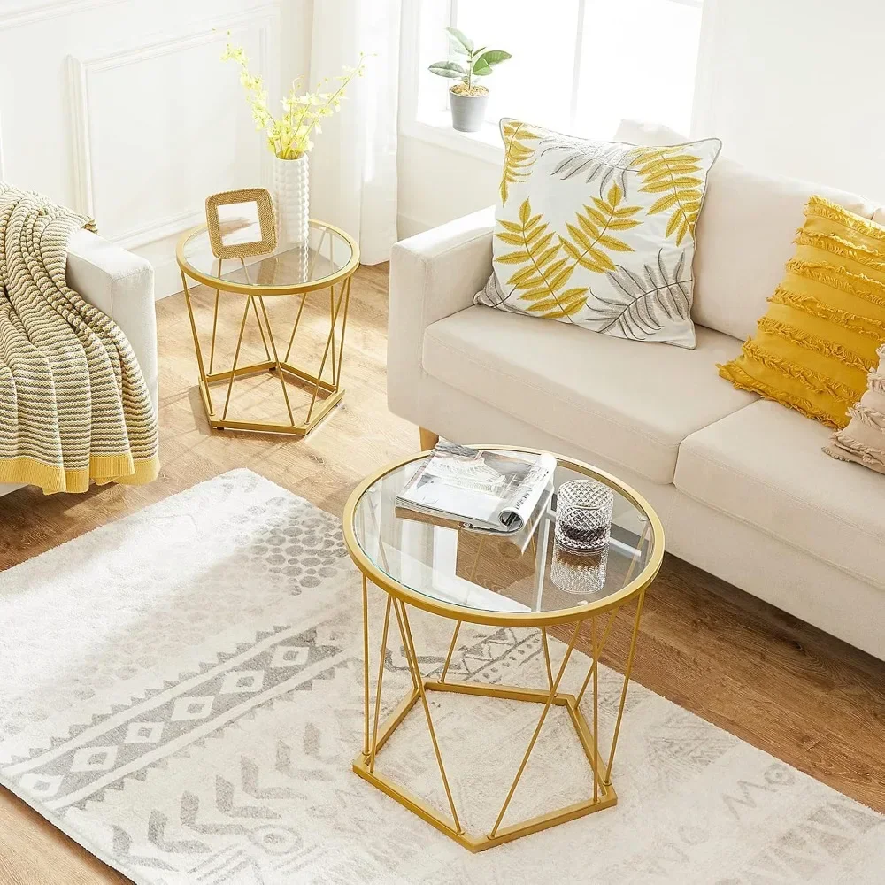 

Small Coffee Table, Round Coffee End Table with Metal Frame, Glass Top, Gold Side Table for Living Room