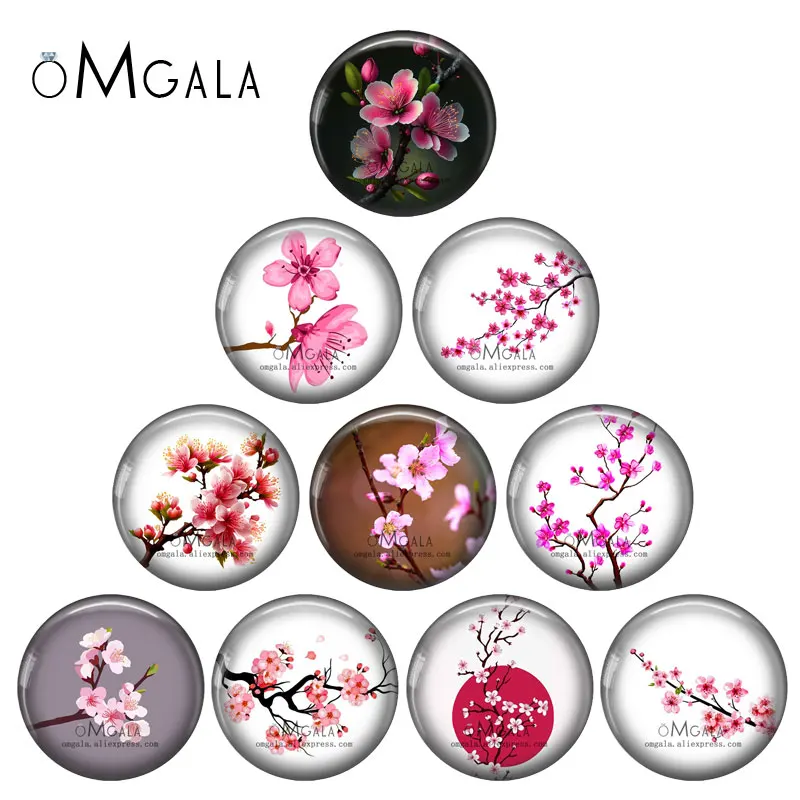 Beautiful Pink Peach Blossom Flowers Pattern 12mm/18mm/20mm/25mm Round Photo glass cabochon demo flat back Making findings