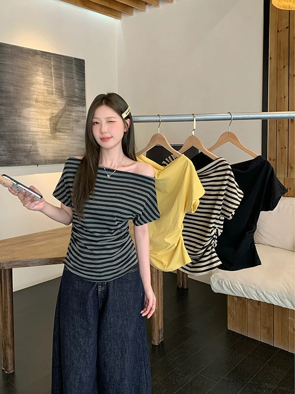 

plus Size Shoulder Baring Short Sleeve Striped T-Shirt Women's Fashionable Slimming Top Korean Style Straight Cut Commute Wind