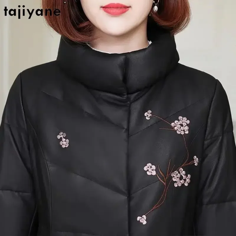 Tajiyane Genuine Sheepskin Leather Jackets for Women 2023 Duck Down Jacket Women Winter Slim Long Down Coats Embroidered Outwear